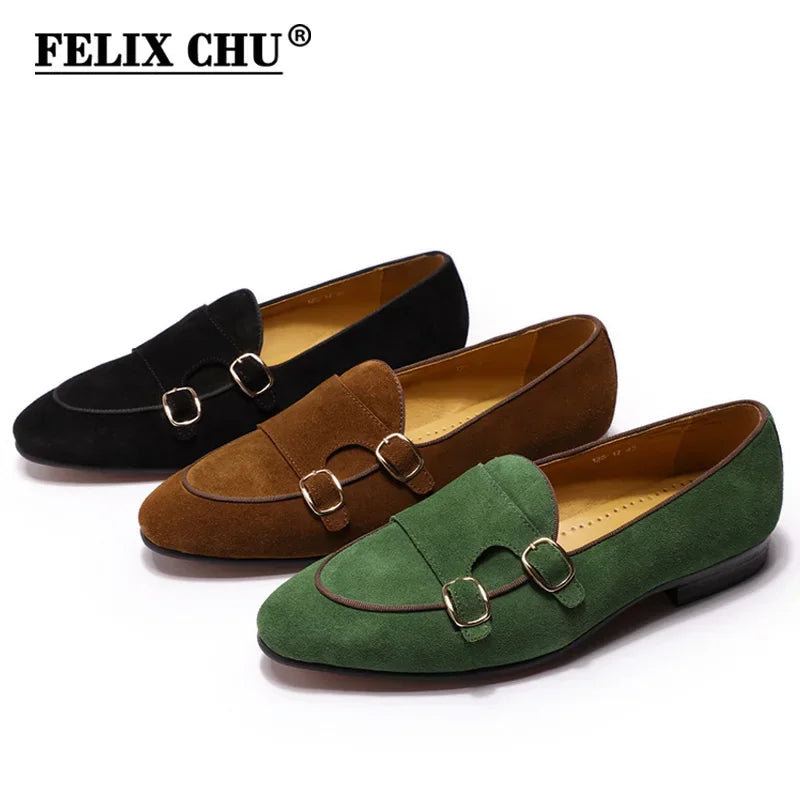 Classic Suede Leather Loafers Slip-On Dress Shoes Monk Strap