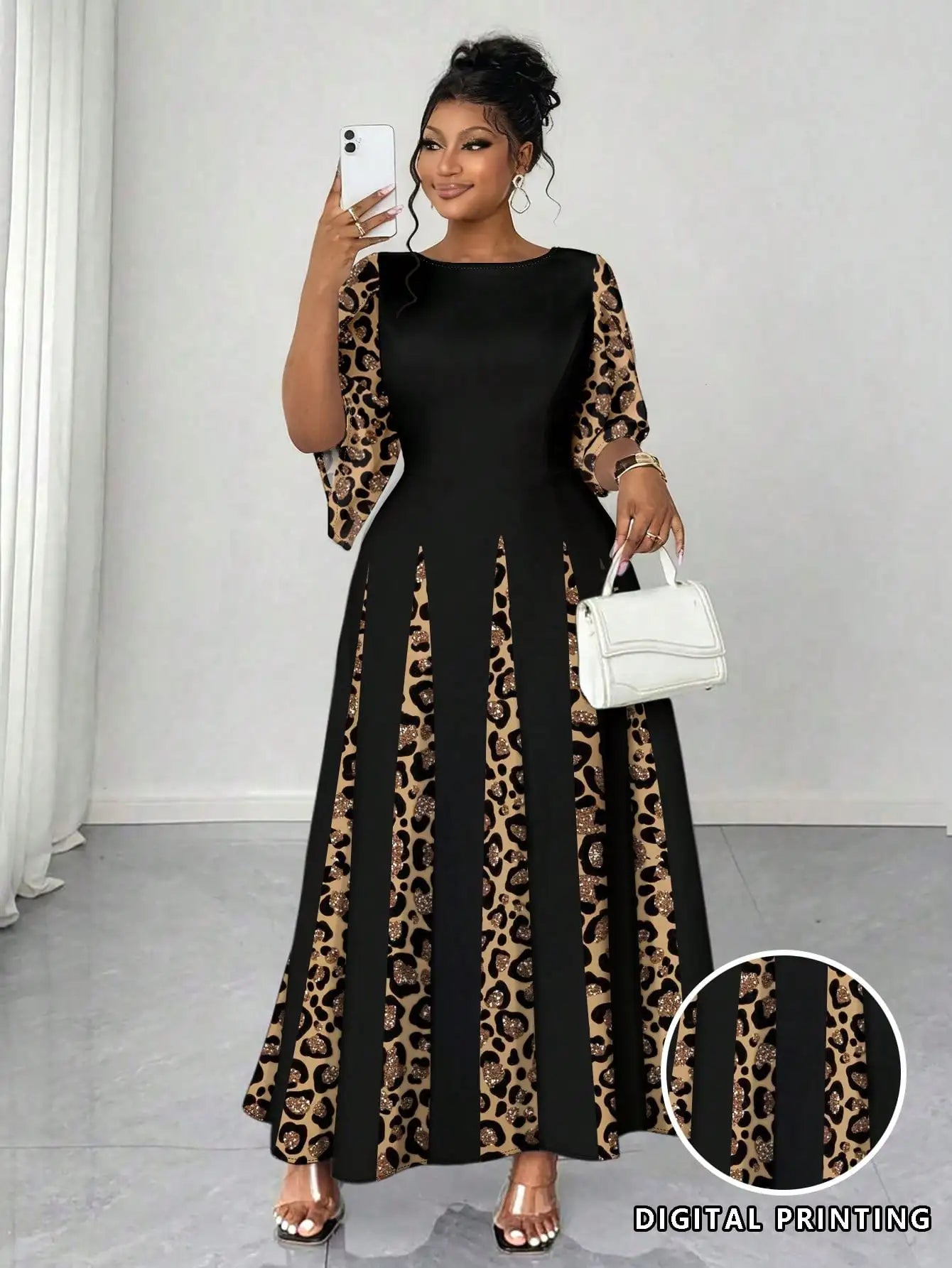 Leopard Print Maxi Dress with Bell Sleeves