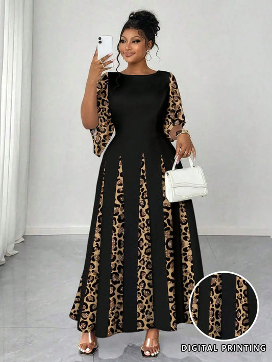 Leopard Print Maxi Dress with Bell Sleeves