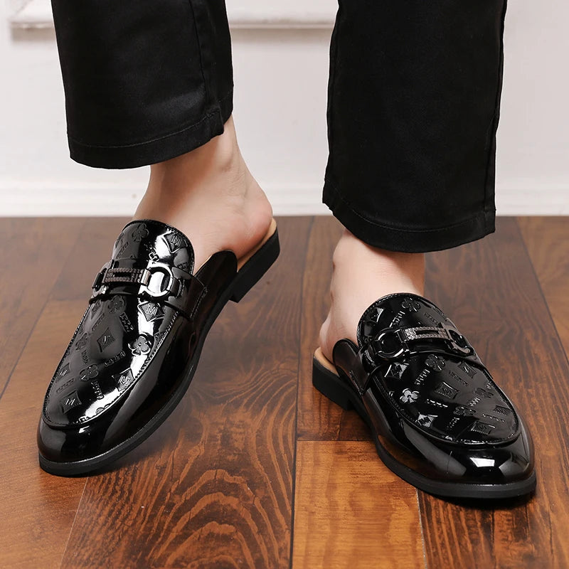 Designer Patent Leather Mens Mules Half Shoes
