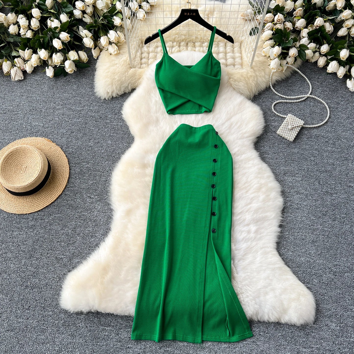 Sexy 2 Piece Crop Camis Top and Split Long Skirt