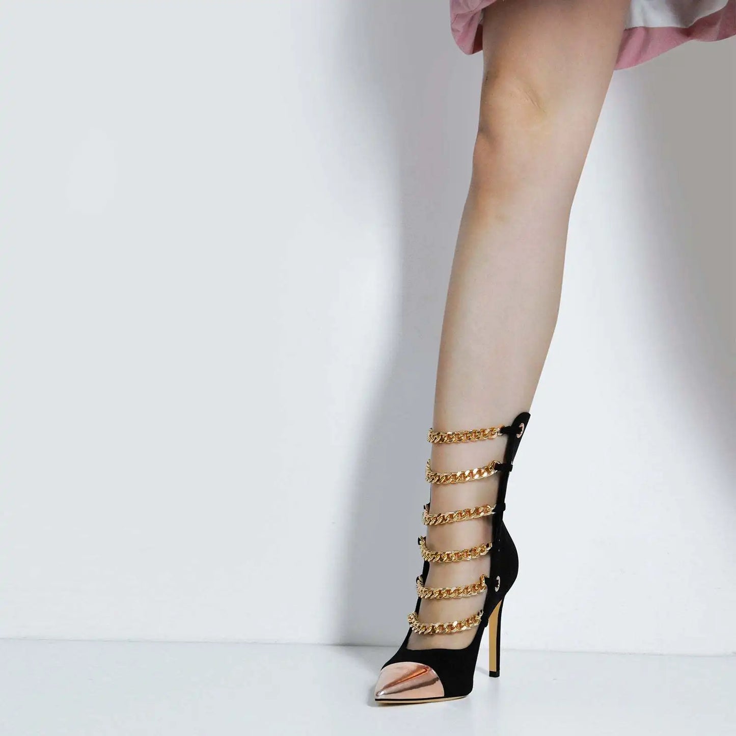 Gold Metal Chain Pointed Toe Sexy Thin High Heels