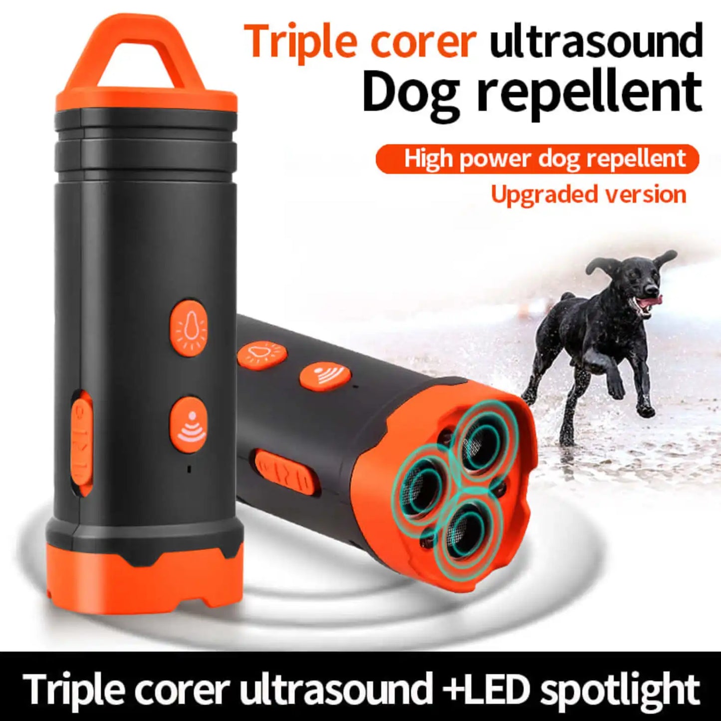 Ultrasonic Dog Repeller with LED Light Tri-core High Power