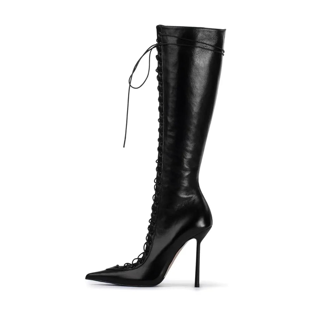 Denim Cross Tied Short Boots Pointed High Heel