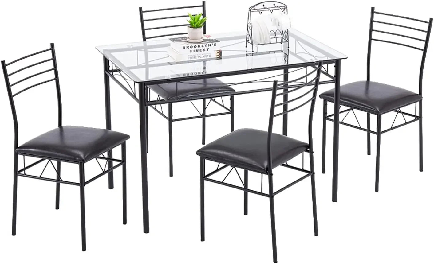 5-Piece Set with Glass Dining Table and 4 PVC Chairs