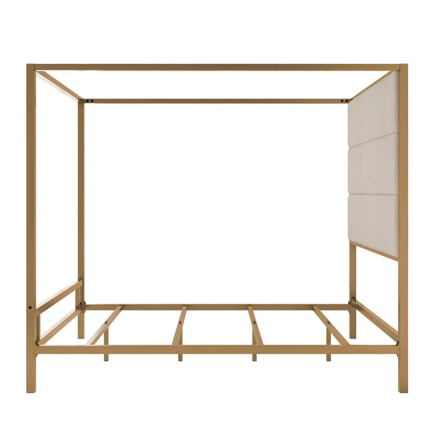 Modern Gold Canopy Bed with Tall Linen Fabric Upholstered Headboard