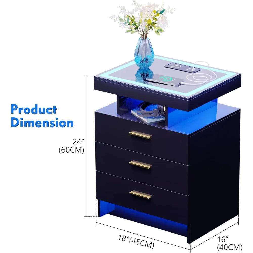 2 Set Nightstands with Wireless Charging Station, Auto Sensor 3 Color Dimmable LED
