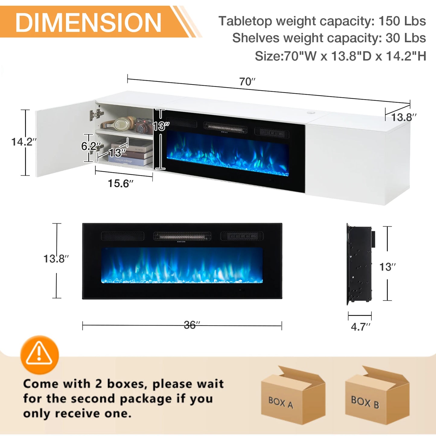 Floating TV Stand 70" Wall Mounted Entertainment Center with 36" Electric Fireplace
