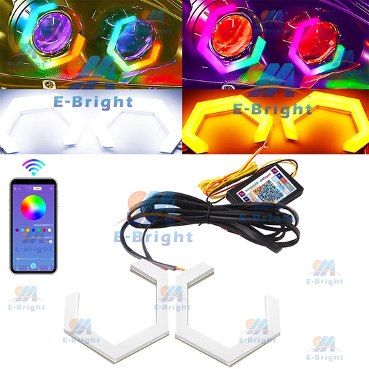 RGB Hexagon Angel Eyes Halo Rings Car Motorcycle Headlight Switchback Turn Signal Light 1set