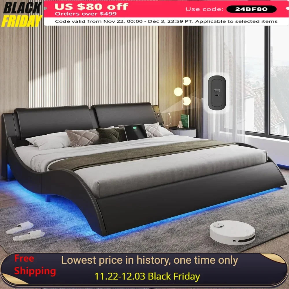 California King Bed Frame with Headboard USB & Type-C Ports