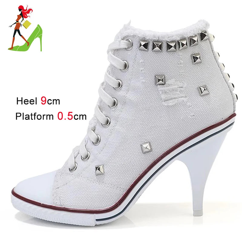 High Top Canvas Women Boots Thin Heel
