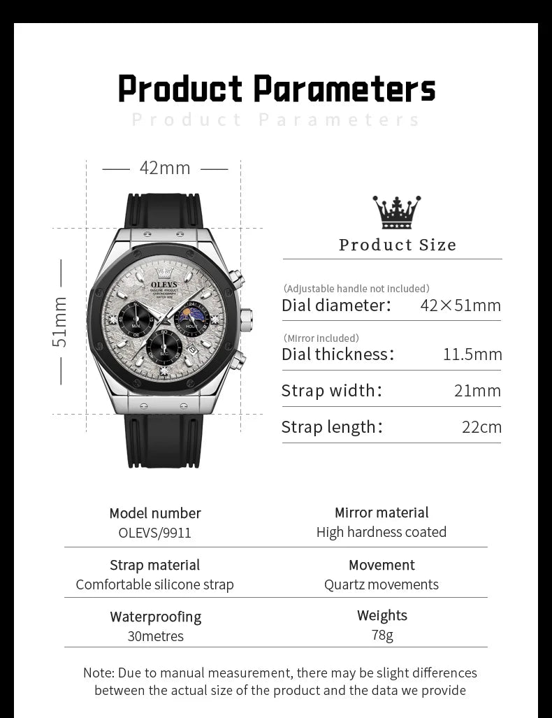 Waterproof Moon Phase Chronograph Quartz Watch