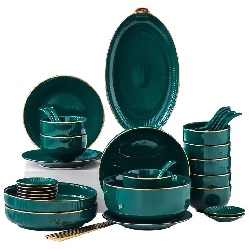 Green Porcelain Dinner Ceramic Dishes Set