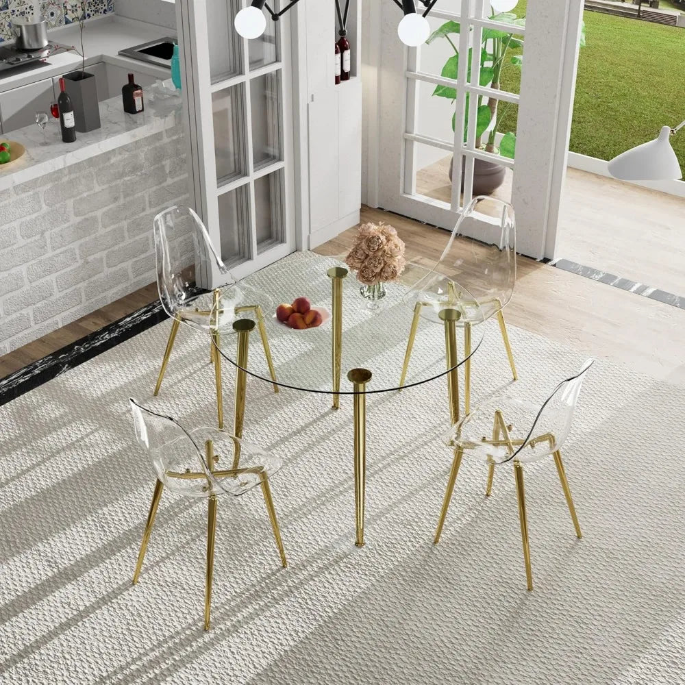 Gold Clear Round Glass Dining Table Set for 4 36''