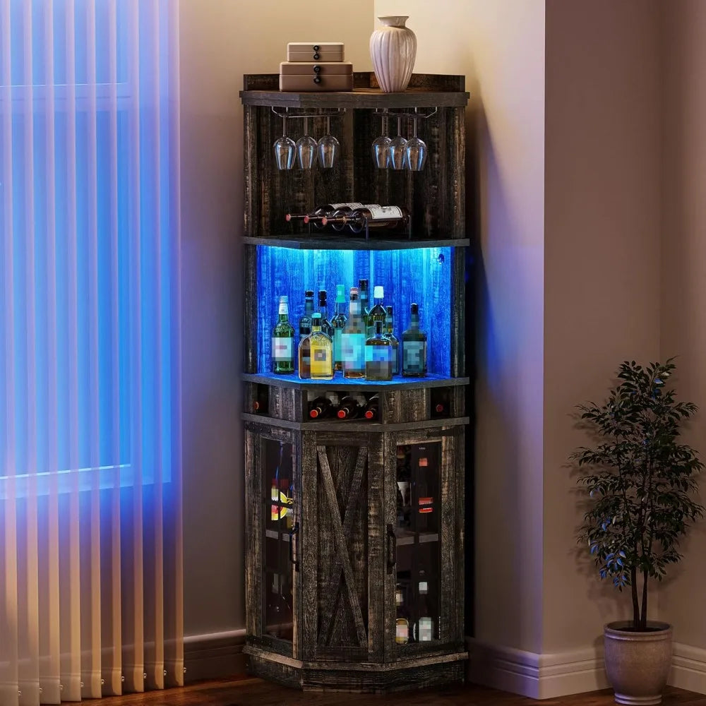 72" Farmhouse Corner Bar Cabinet with LED Lights & Glass Door