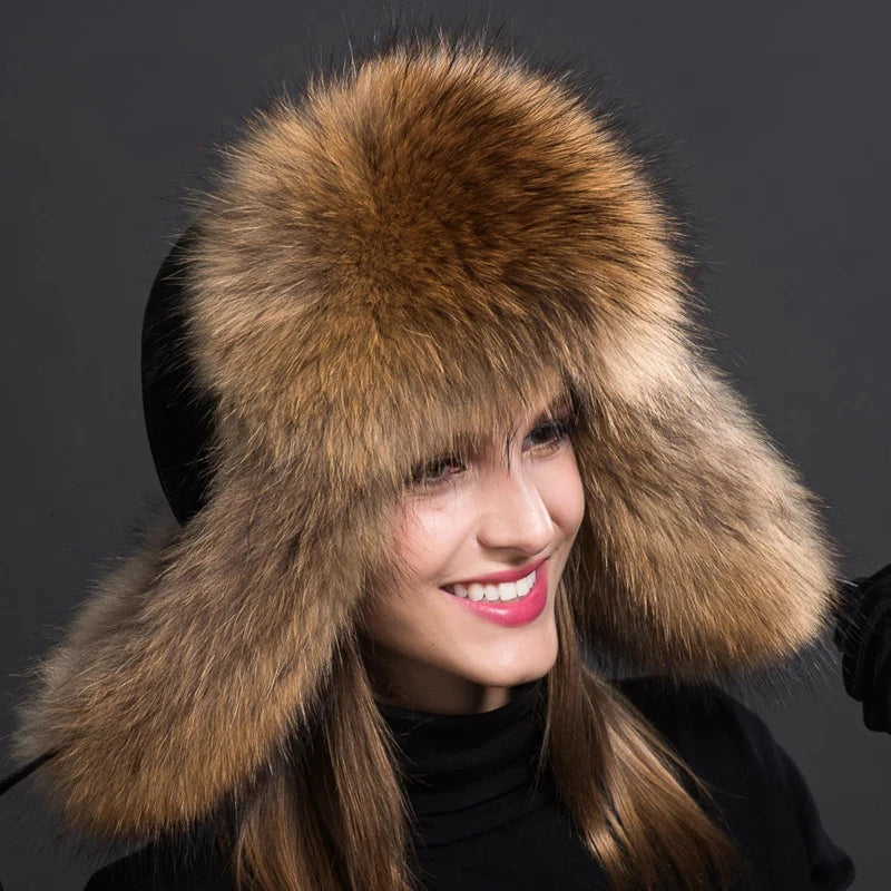 Women Fashion Bomber Pom Pom Real Fox Fur Cap