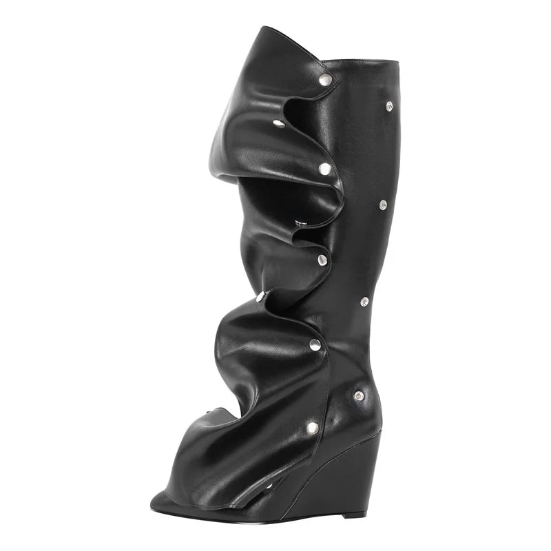 Pleated Pointed Toe Black Wedges Knee High Boots