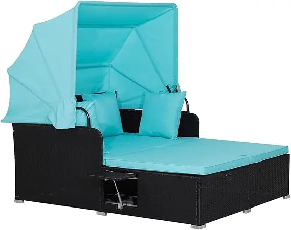 Outdoor Wicker Sunbed w/Cushions, 4 Pillows & 2 Retractable Side Trays