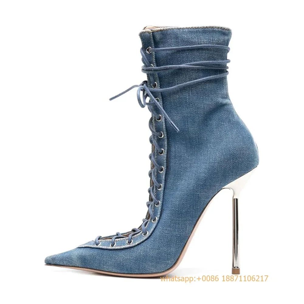 Fashion Ladies Zip Cross Lace Sexy Street Model Stiletto Boots