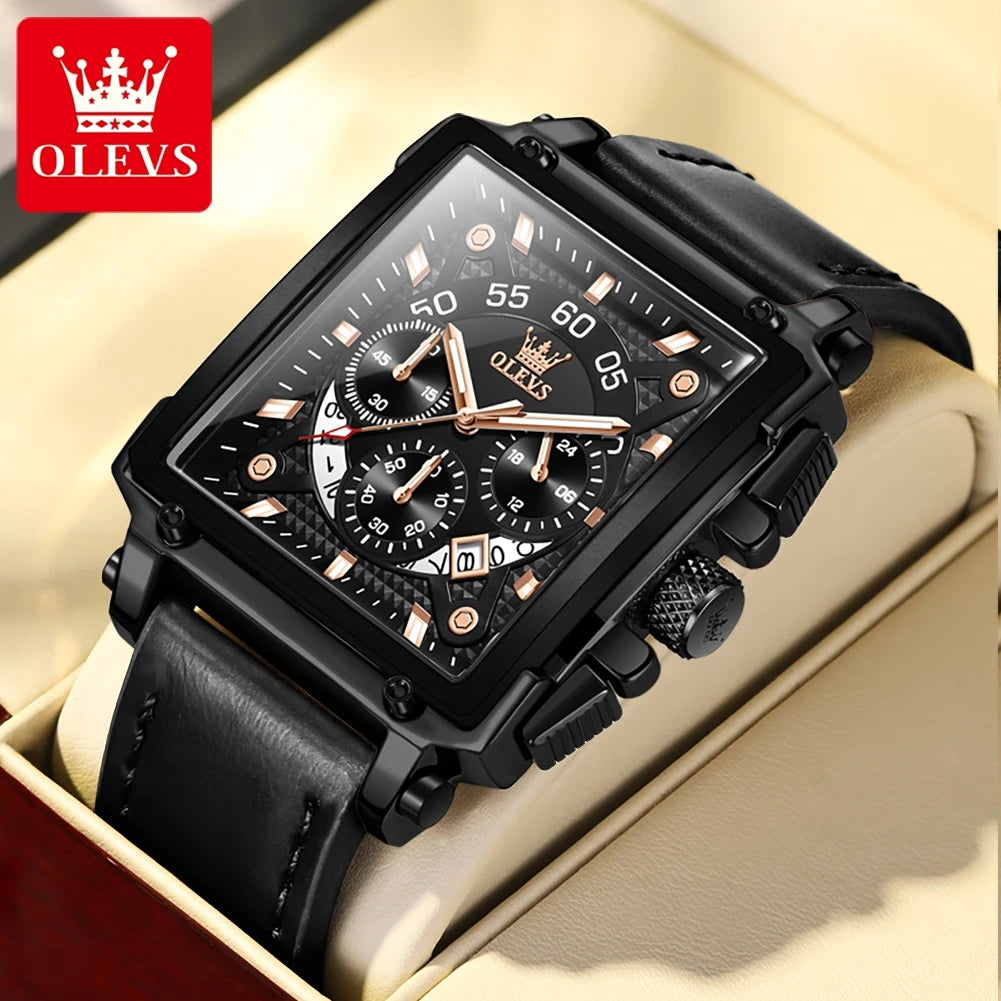 Chronograph Quartz Men's Watch Leather Strap 45MM