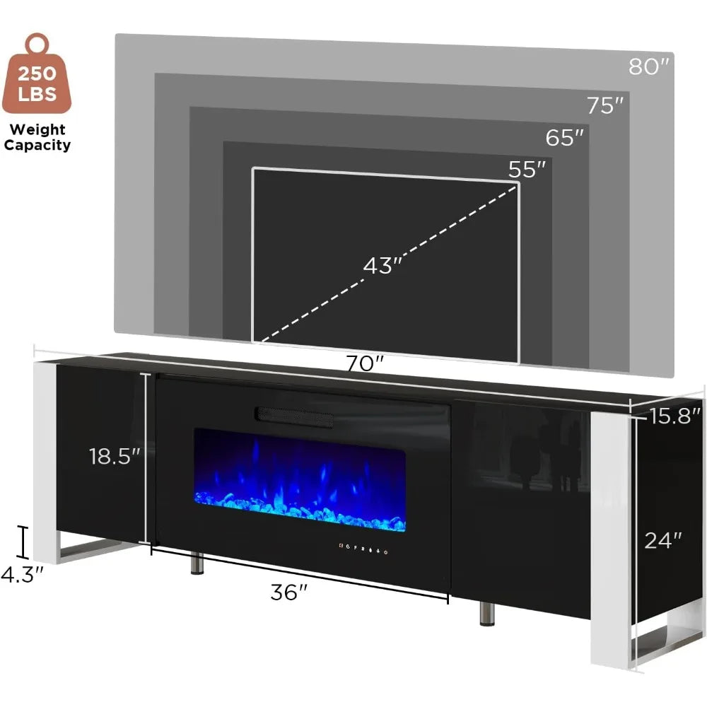 Modern High Gloss Entertainment Center LED Lights Cabinet for TVs Up to 80"
