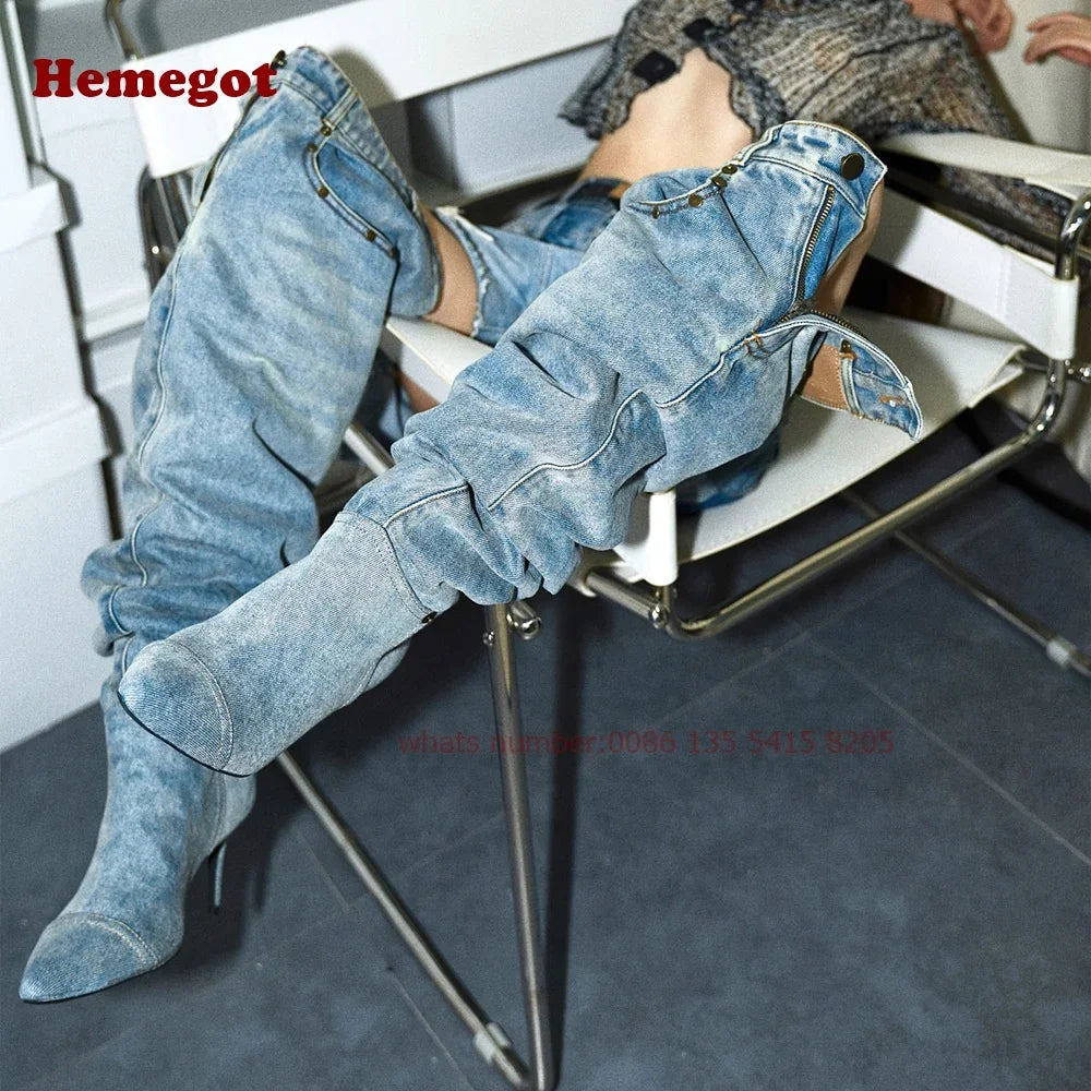 Denim Pants Boots Pointy Toe Pleated Over the Knee