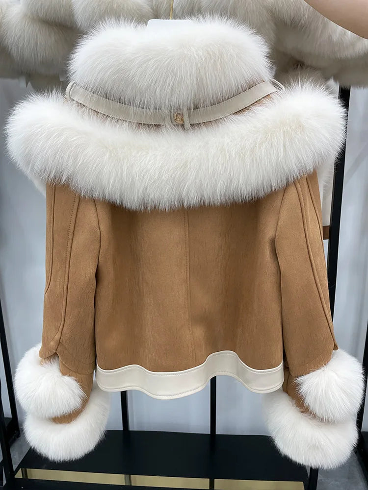 New Natural Fox Fur Collar Suede Luxury Puffer