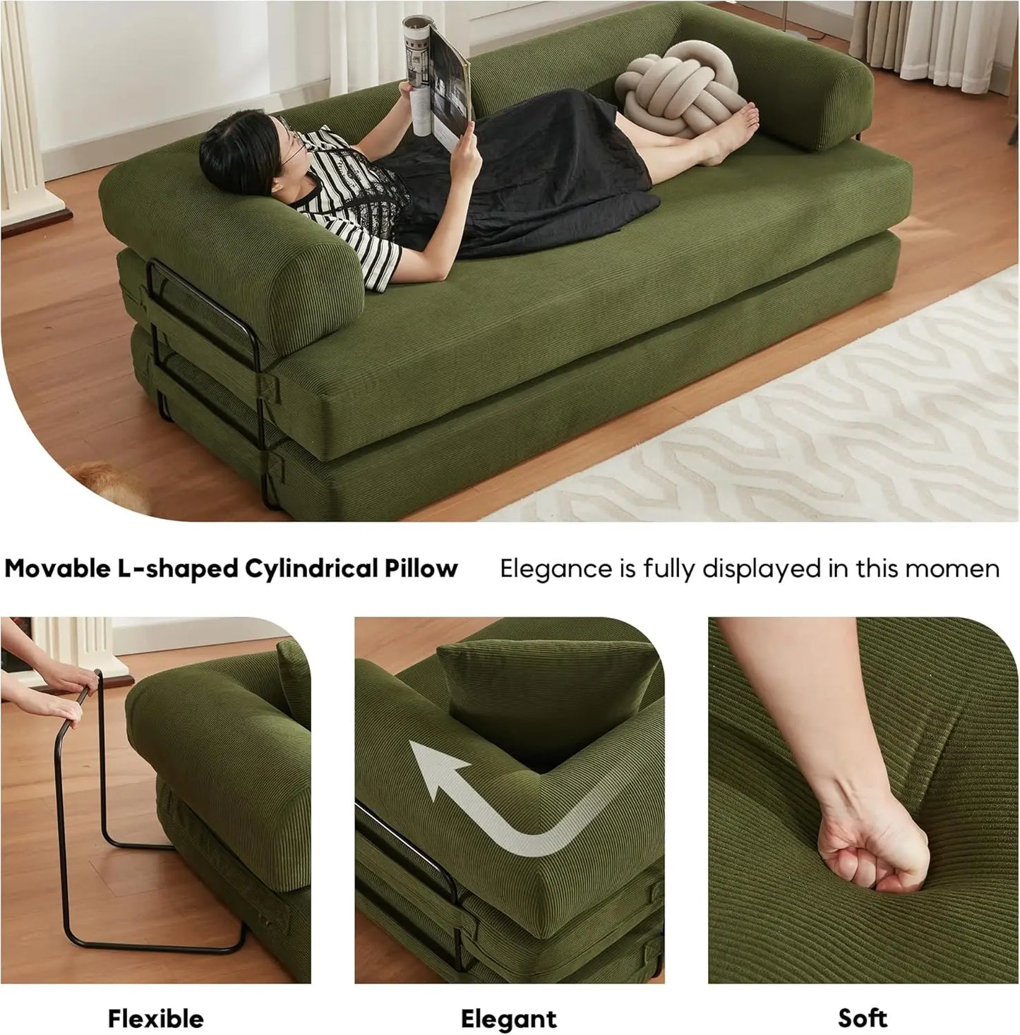 Convertible Sleeper Sofa Bed with Cylindrical Pillow