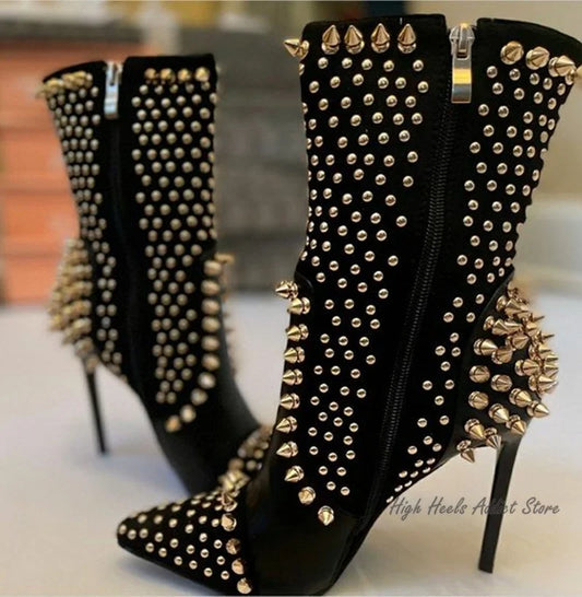 Black Sexy Full Stud High Heels Leather Booties
