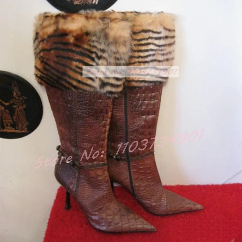 Crocodile Tiger Pattern Furry Retro Heeled Boots