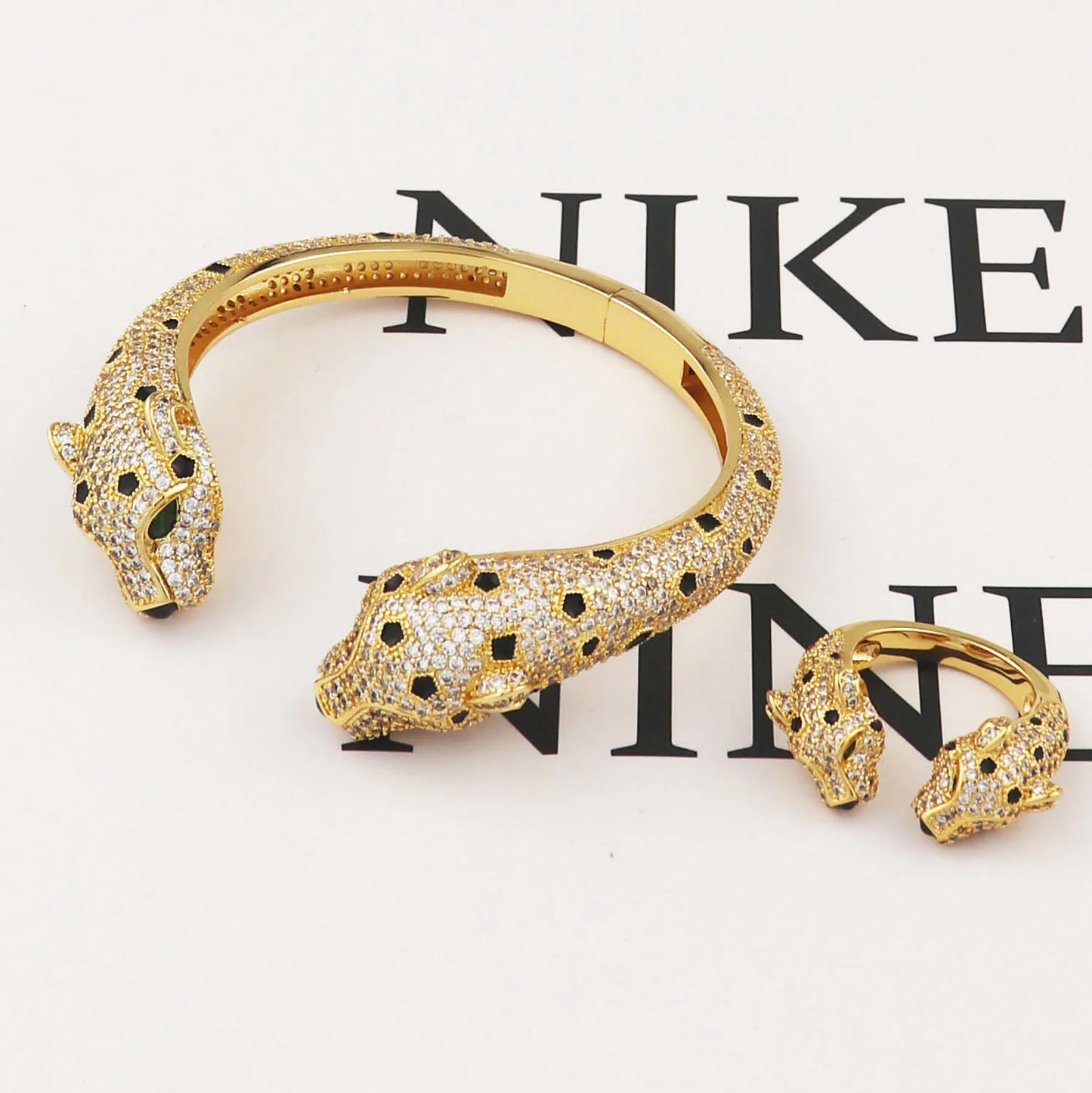 Luxury Double Leopard Head Bracelet with Ring Jewelry Set