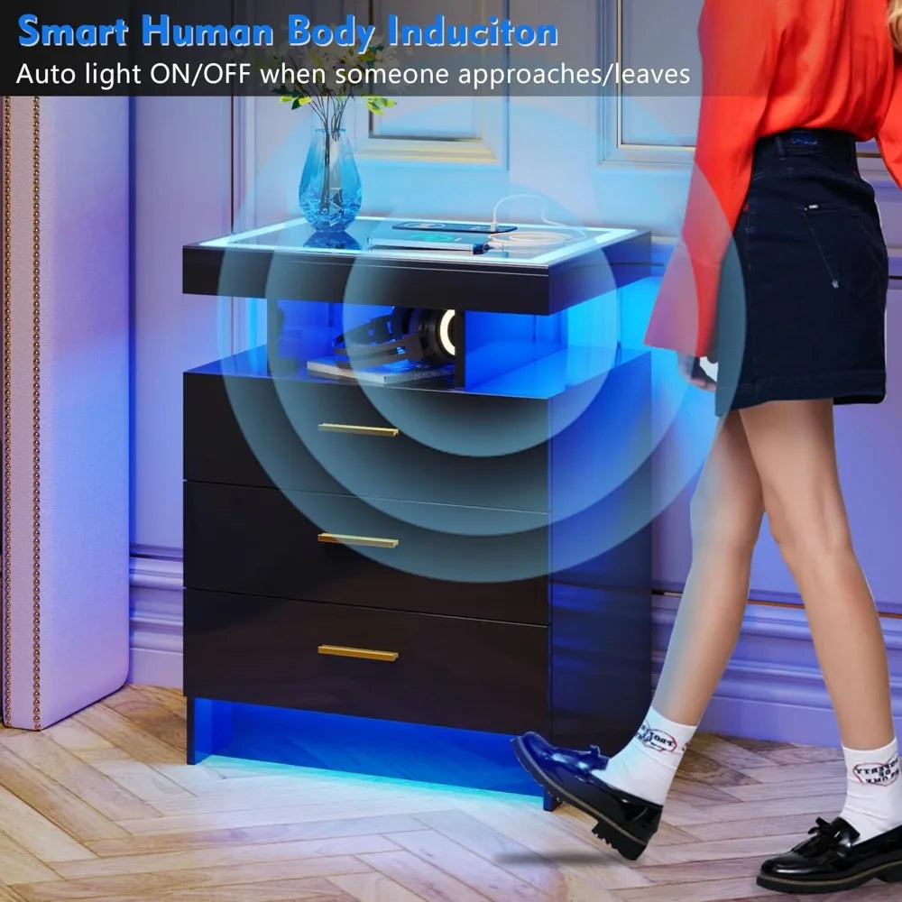 2 Set Nightstands with Wireless Charging Station, Auto Sensor 3 Color Dimmable LED
