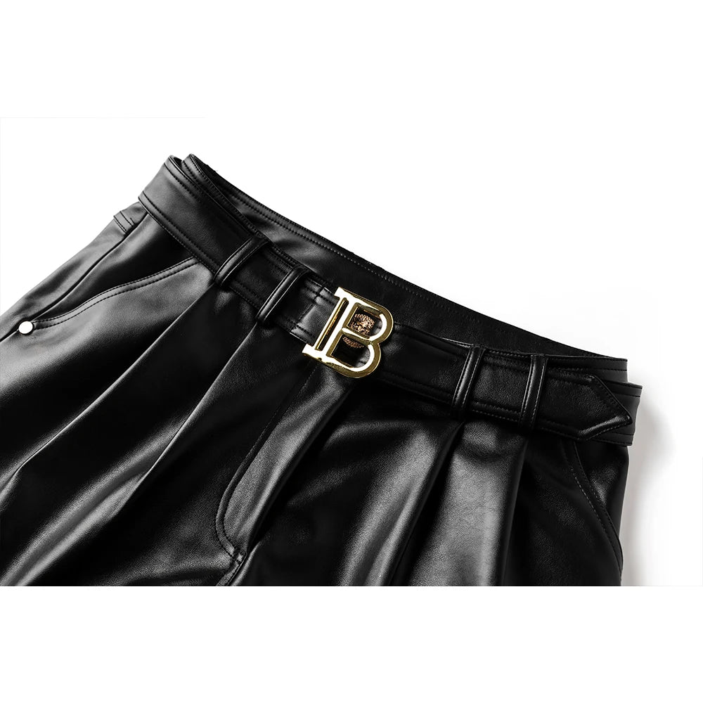 High Quality Leather Black Womens Shorts with Belt