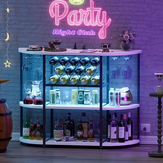 Bar Cabinet with Lights and Outlet 4-Tier Storage