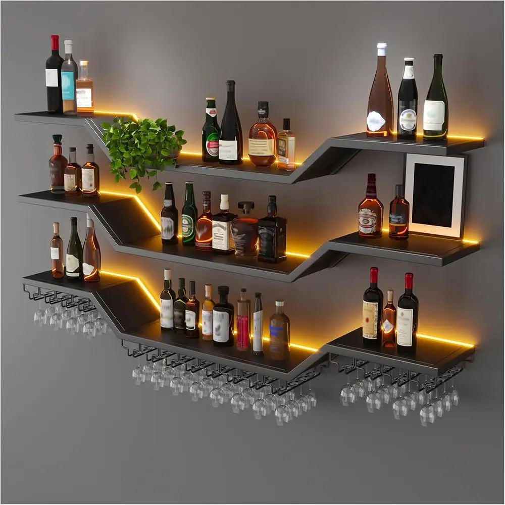 39.4in LED 3-Tier Floating Bar Shelves with Wine Glass Rack