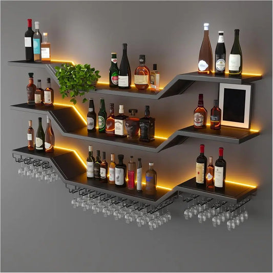 39.4in LED 3-Tier Floating Bar Shelves with Wine Glass Rack