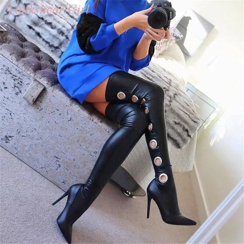 Black Leather Crotch Thigh High Heeled Pointed Toe Boots