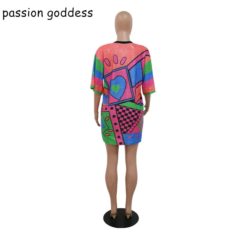 Casual Loose Letter Print Sequins Mini Dress