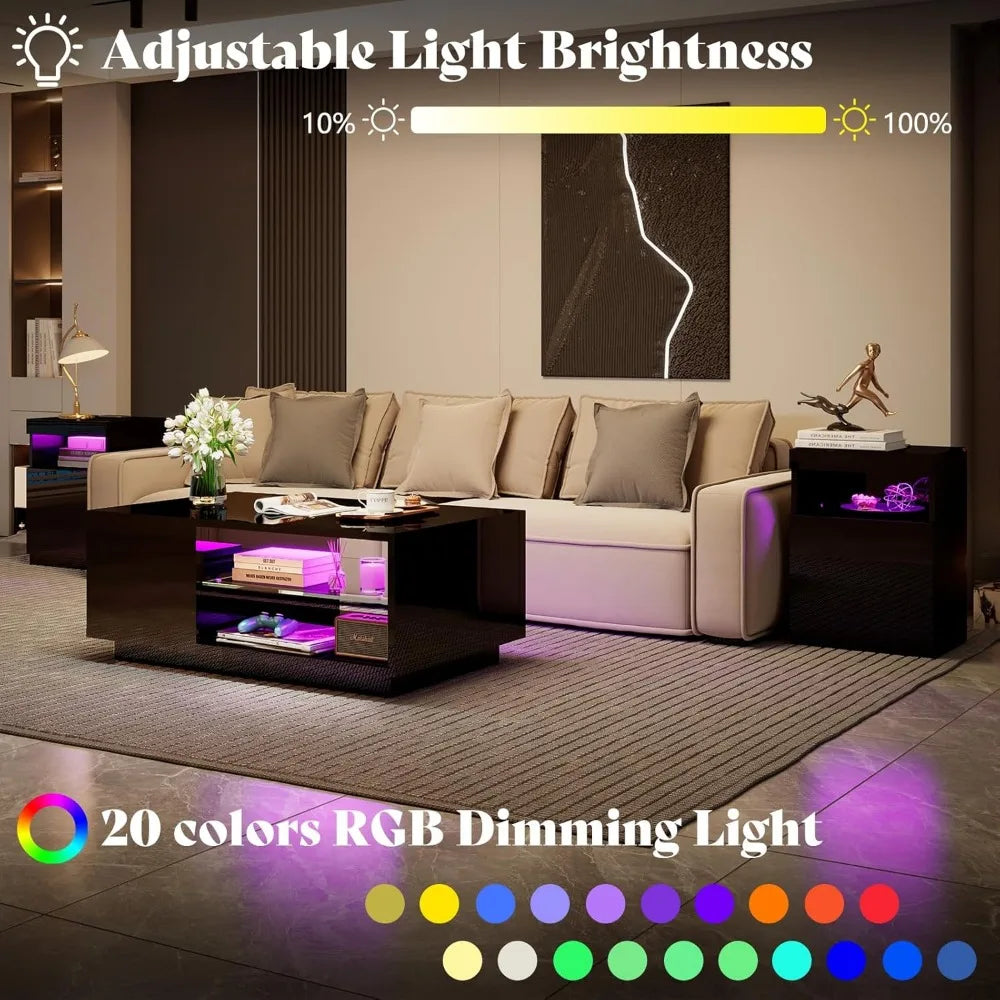 3-Piece Modern High Gloss LED Table Set with 20-Color LED Lights