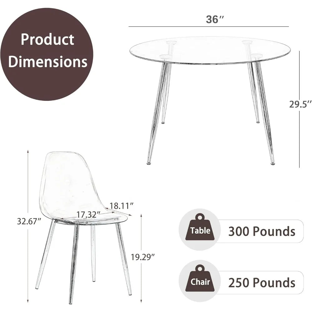 Gold Clear Round Glass Dining Table Set for 4 36''