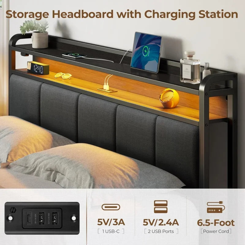 Bed Frame Queen Size with Charging Station and LED Lights, Upholstered Storage, Drawers