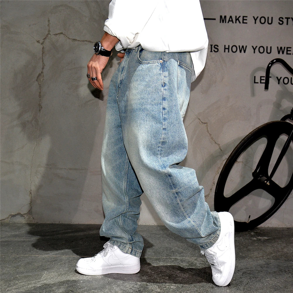 High quality vintage light blue baggy jeans men clothing korean fashion Denim cargo pants streetwear Skateboard trousers male