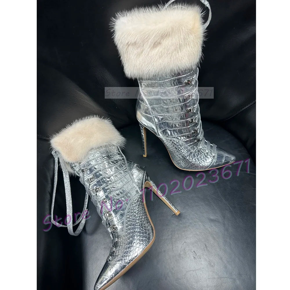 Fur Pointy Ankle Boots Elegant Leather
