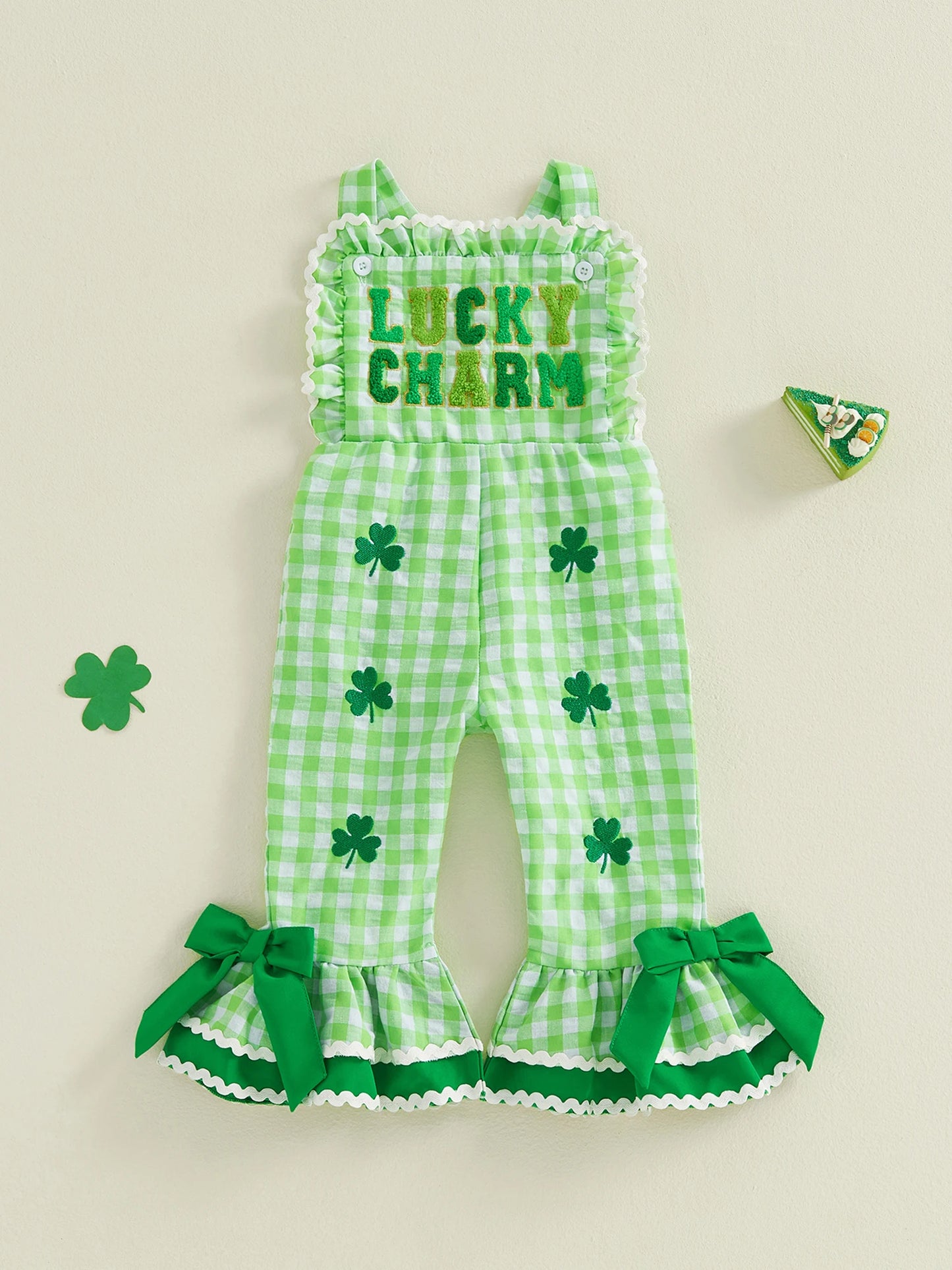 Adorable Green Romper Shamrock Print Sleeveless Jumpsuit