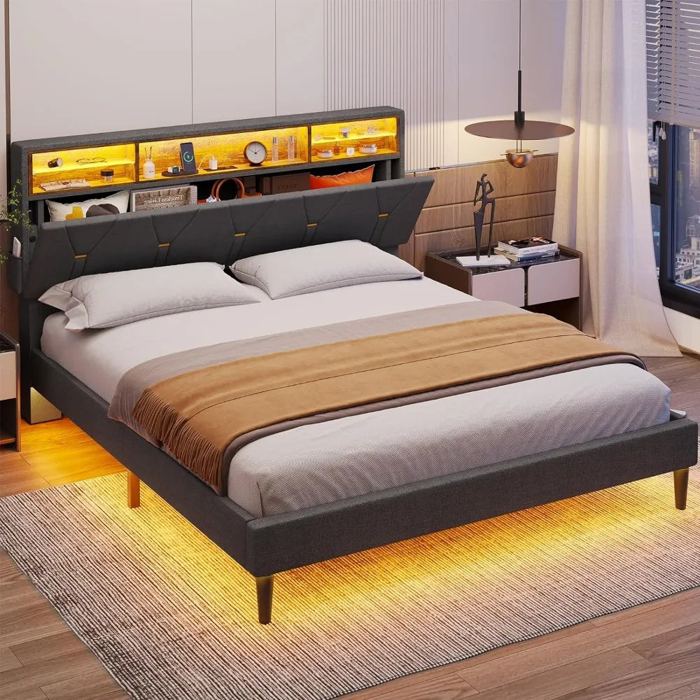 LED Bed Frame Queen Size w Shelf Storage Headboard