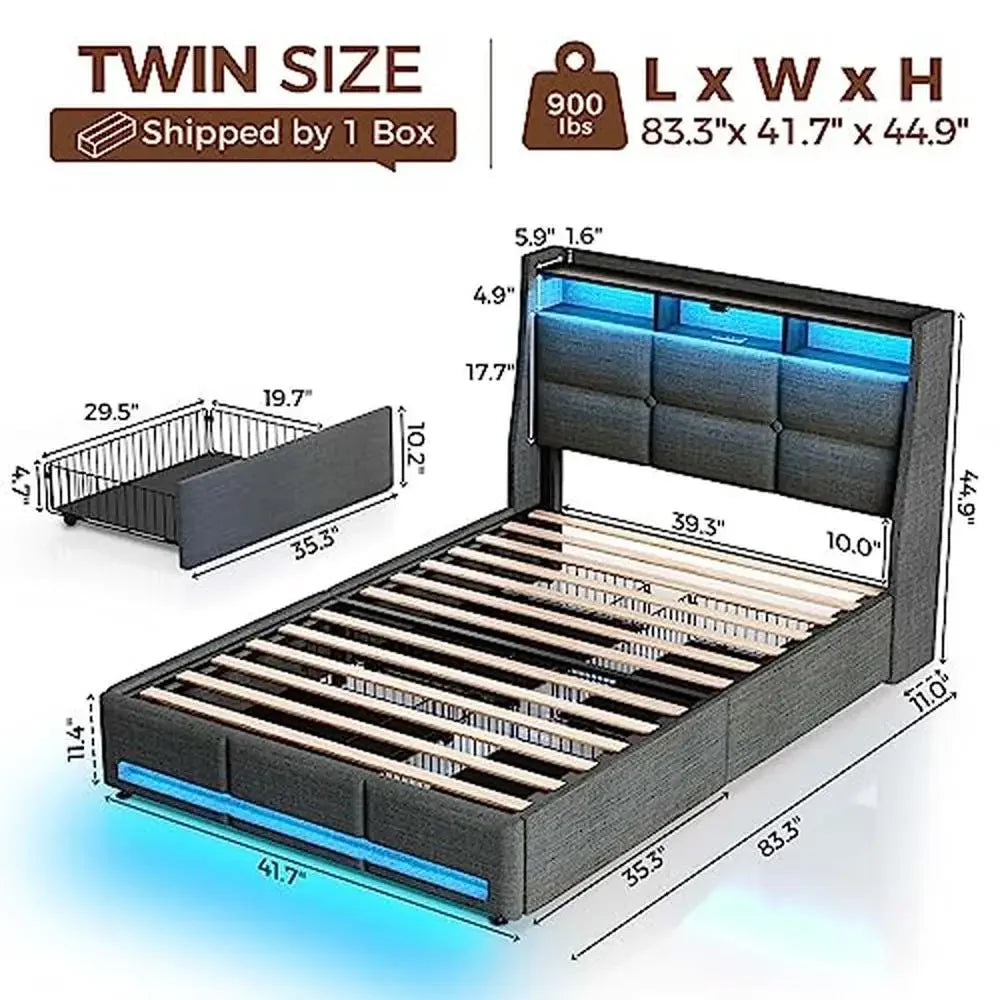 Twin Size LED Light Bed Frame with Upholstered Headboard & Drawers