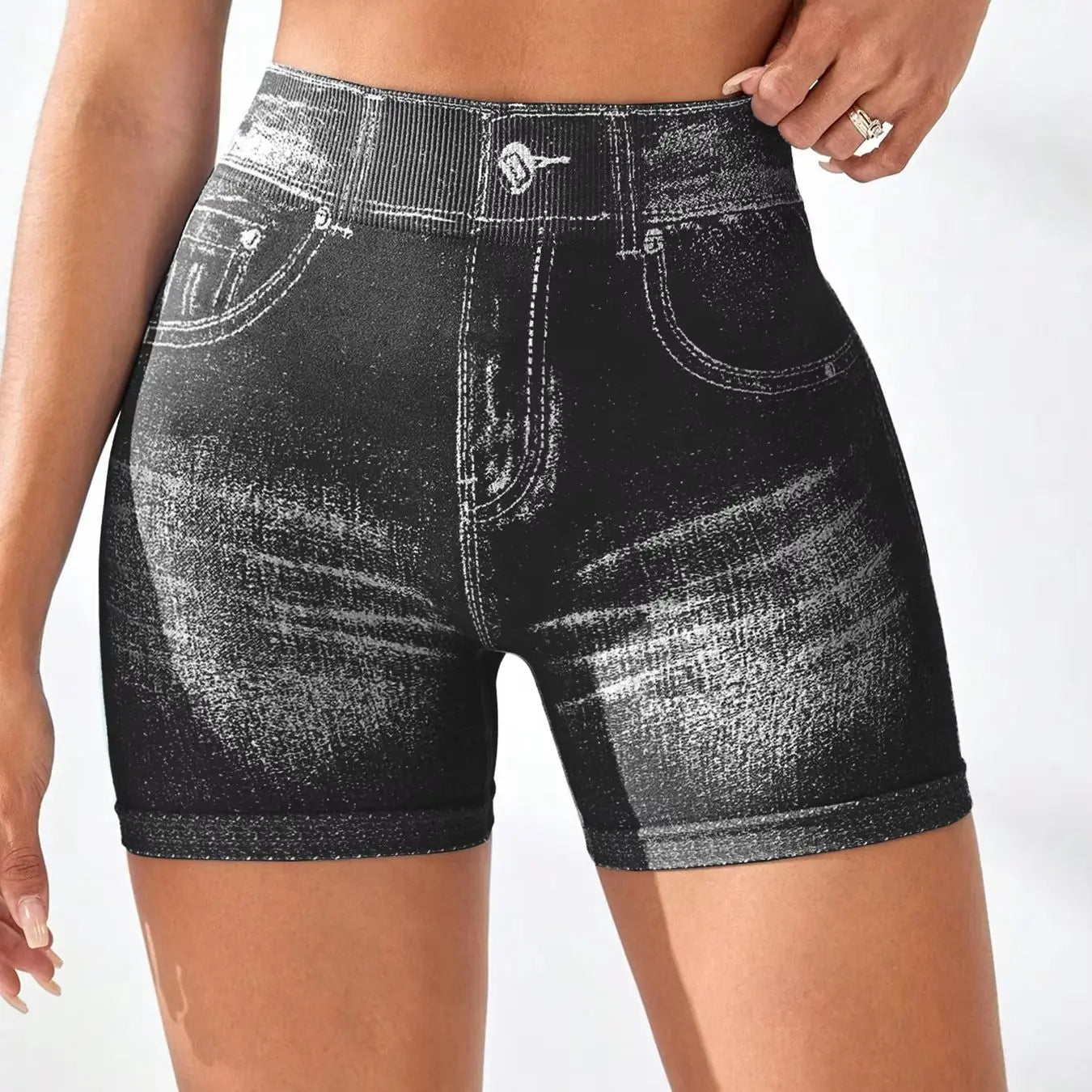 Womens V Back Faux Jeans Elastic Workout Yoga Pants