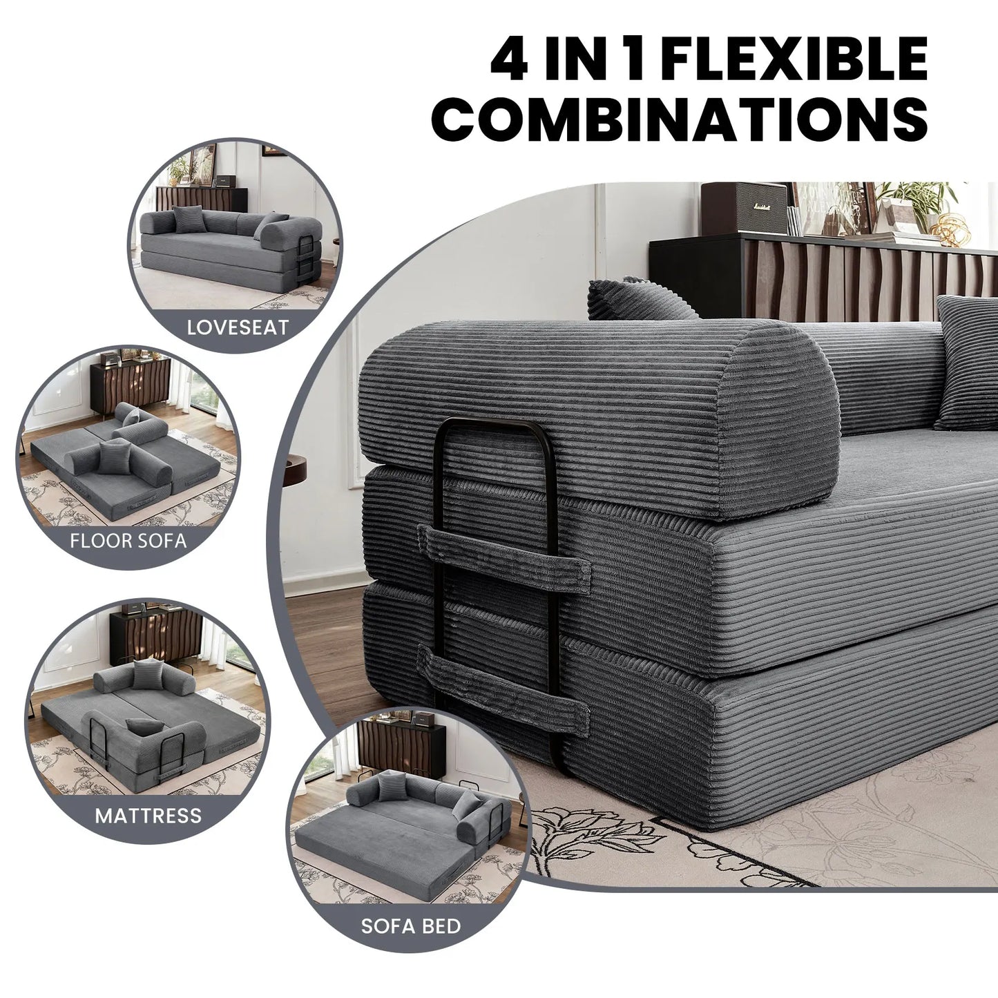 79" Convertible Sofa Bed with Fixed-Shape Frame & Removable Armrests