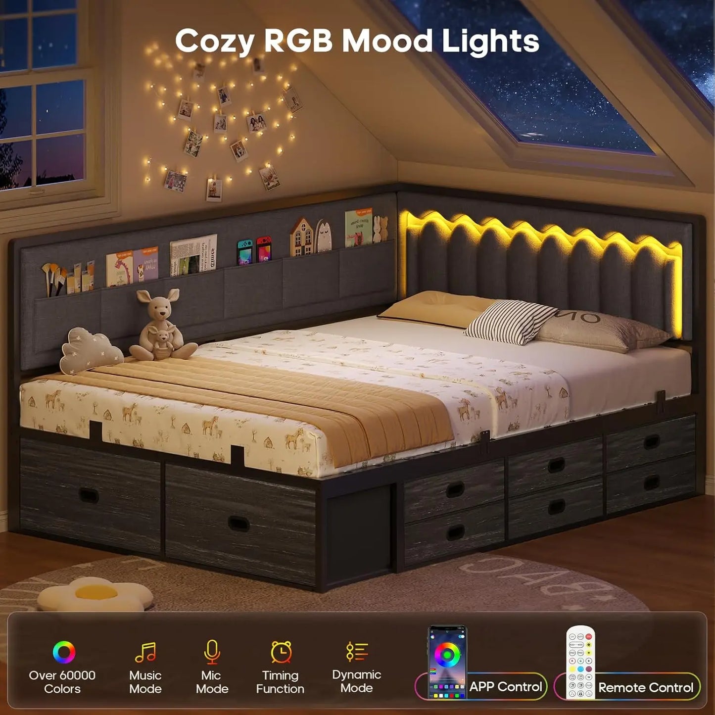 Full Corner Bed Frame with 8 Drawers, 6 Storage Pockets and RGB Wave Lights