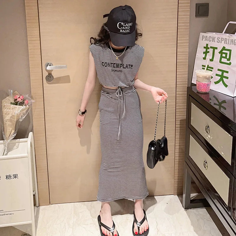 Summer Teen Girls Clothing Sets Child Fashion Letter Tops + Slim Long Skirt 2Pcs Outfits Kids Knitted Suits 5 6 8 10 12 14 Years